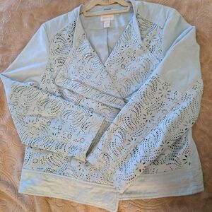 Chicos Moto Jacket, Chicos 2, 12/14, L, Light Blue, Laser Cut Work, Faux Suede